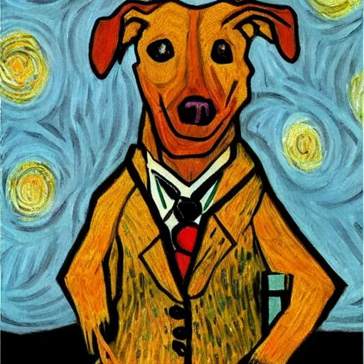 Prompt: dog in suit dancing, style of van gogh, 4k