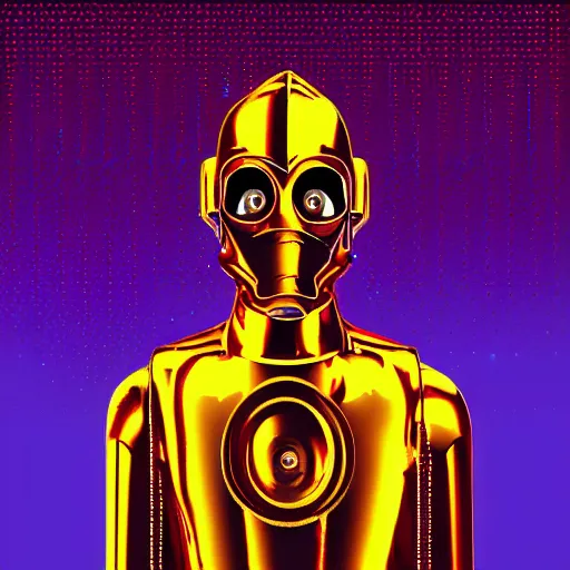 Prompt: vector c 3 po in hoodie, portrait, vaporwave, synthwave, neon, vector graphics, cinematic, volumetric lighting, f 8 aperture, cinematic eastman 5 3 8 4 film