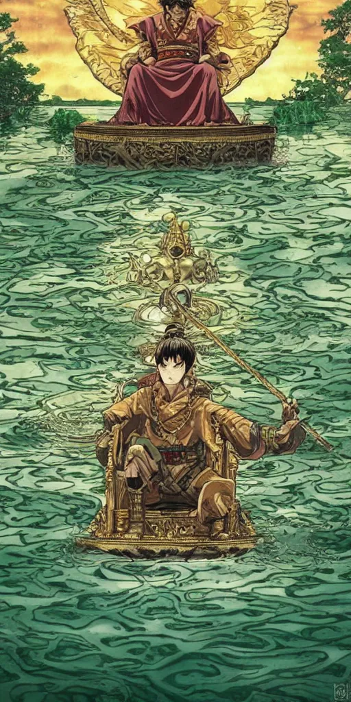 Image similar to a lone emperor sitting on a emerald throne floating on water in the middle of a lake drawn by Makoto Yukimura in the style of Vinland saga anime, full color, detailed, psychedelic, Authority, structure, a father figure, tarot card, The emperor tarot card