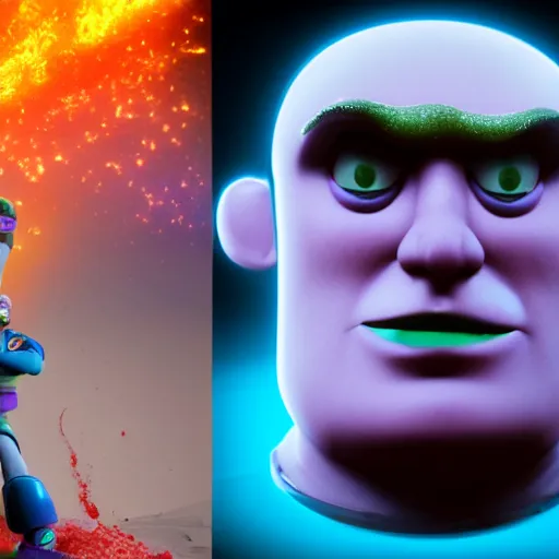 Image similar to donald trump as buzz lightyear full body detailed, ethereal, cyborg biomechanics, covered in blood diamonds and other gems glowing, highly detailed face, evil posed, evil expression, intricate, extremy detailed, beeple, cgsociety, 3 d unreal engine octane render. cinematic lighting, highly detailed 4 k art