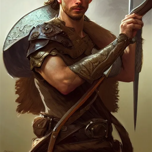 Image similar to portrait of a young rugged ranger holding his longsword up, hands, muscular, upper body, D&D, fantasy, intricate, elegant, highly detailed, digital painting, artstation, concept art, smooth, sharp focus, illustration, art by Artgerm and Greg Rutkowski and Alphonse Mucha