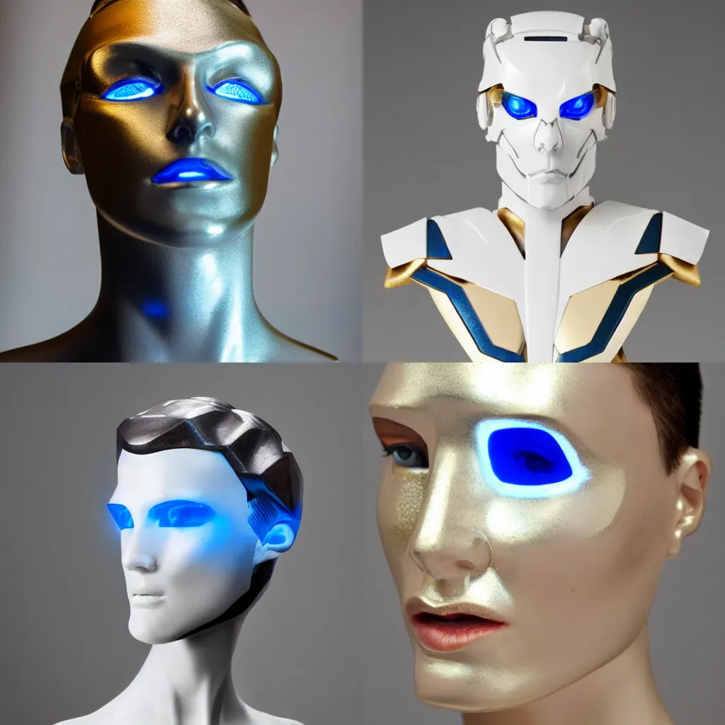 Prompt: a soft white cyborg bust with metallic gold accents and glowing blue eyes