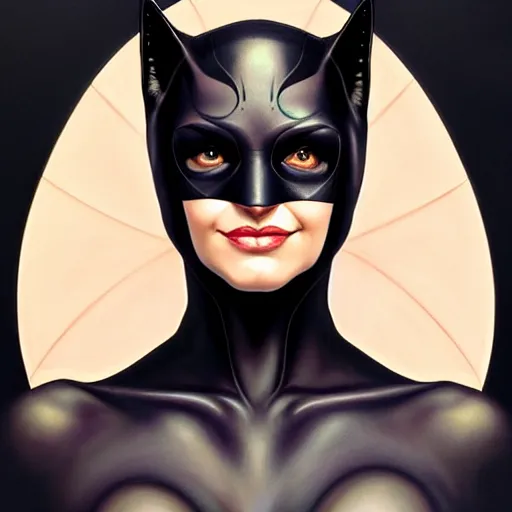 Image similar to symmetry!! front - faced portrait of catwoman, intricate, elegant, highly detailed, my rendition, digital painting, artstation, concept art, smooth, sharp focus, illustration, art by artgerm and greg rutkowski and alphonse mucha