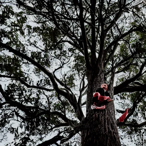 Prompt: bogan stuck up a tree, screaming, canon eos r 3, f / 1. 4, iso 2 0 0, 1 / 1 6 0 s, 8 k, raw, unedited, symmetrical balance, wide angle