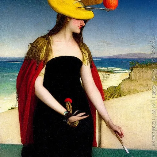 Image similar to A girl with jester hat and clothes on the front of a Balustrade with a beach on the background, major arcana cards, by paul delaroche, hyperrealistic