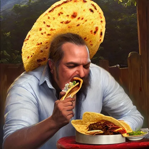 Image similar to epic masterpiece of cinematographic hyperrealism where a mexican with a hat appears eating a taco in the background you can see the seat of san jasinto. realistic shaded lighting poster by craig mallismo, artgerm, jeremy lipkin and michael garmash, unreal engine, radiant light, detailed and intricate environment, digital art, art station trends