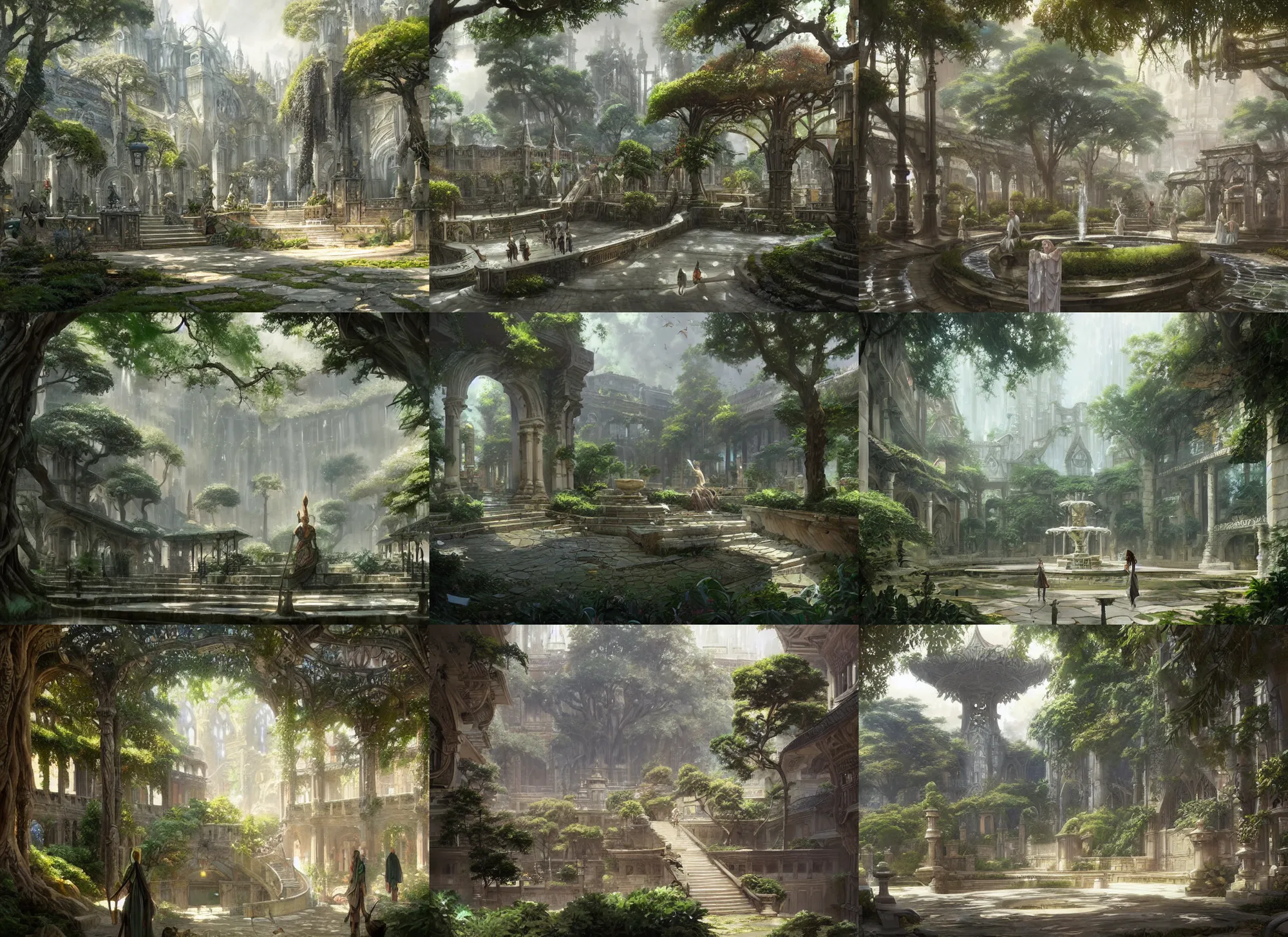 Image similar to A wide open courtyard in a beautiful elven city made of ivory, anime, lush trees, fountain, a fantasy digital painting by Greg Rutkowski and James Gurney, trending on Artstation, highly detailed