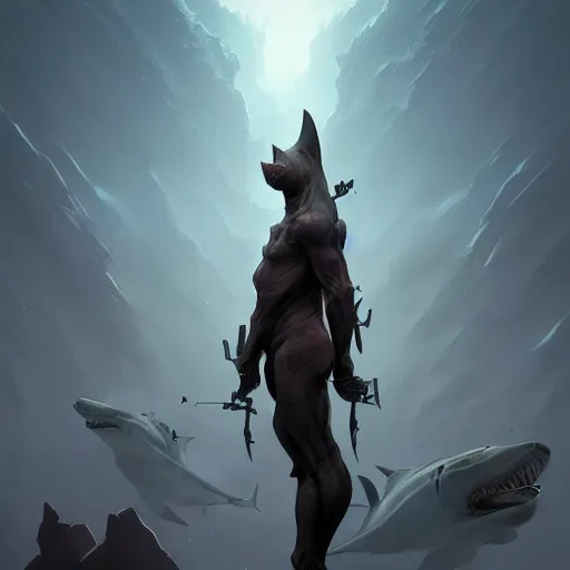 Prompt: professional ominous concept art of a shark - human chimera character by artgerm and greg rutkowski. an intricate, elegant, highly detailed digital painting, concept art, smooth, sharp focus, illustration, in the style of simon stalenhag wayne barlowe, igor kieryluk.