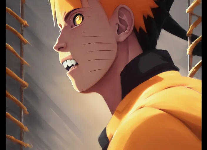 Image similar to highly detailed portrait of naruto uzumaki with black hair behind bars in prison punching a wall, unreal engine, fantasy art by greg rutkowski, loish, rhads, ferdinand knab, makoto shinkai and lois van baarle, ilya kuvshinov, rossdraws, tom bagshaw, global illumination, radiant light, detailed and intricate environment