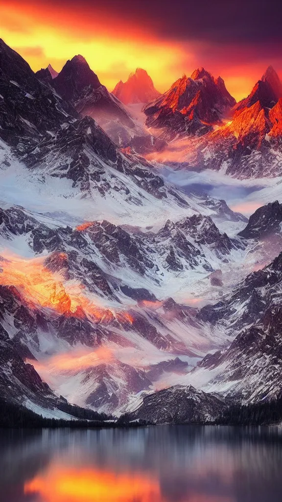 Image similar to amazing landscape photo of mountains with lake in sunset by marc adamus, beautiful dramatic lighting