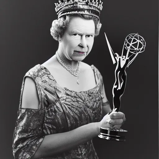 Prompt: photography of queen Elizabeth sword fighting an Emmy of the crown, rule of thirds