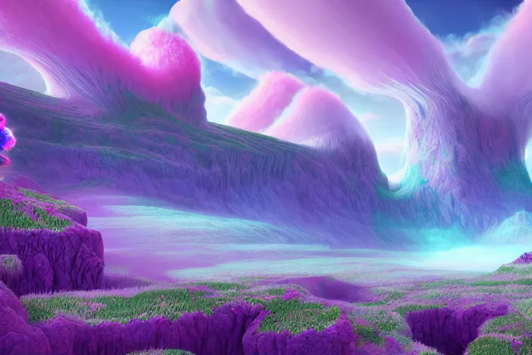 Image similar to a psychedelic realm with rolling plains made out of clouds, mountains made out of icebergs, and plant life made out of cotton candy, in the style of wlop and namek, illustration, epic, fantasy, hyper detailed, smooth, unreal engine, sharp focus, ray tracing