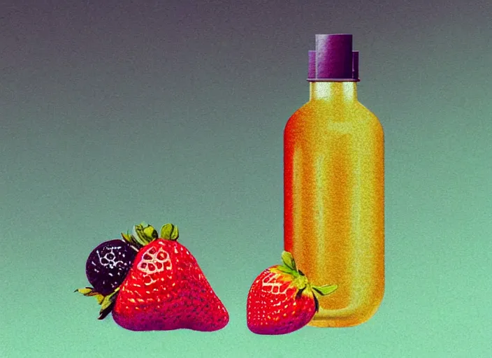 Image similar to ( ( dither ) ), editorial illustration strawberries blueberries sliced kiwi sliced lemon inside a clear drinking bottle, ( ( isometric ) ), modern art deco, ( ( mads berg ) ), karolis strautniekas, stippled light, fog, fine texture, dynamic composition, matte print, ( ( unreal engine ) ), surrealism, colorful