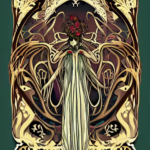 Image similar to artnouveau mythical scary creatures of layers of fear