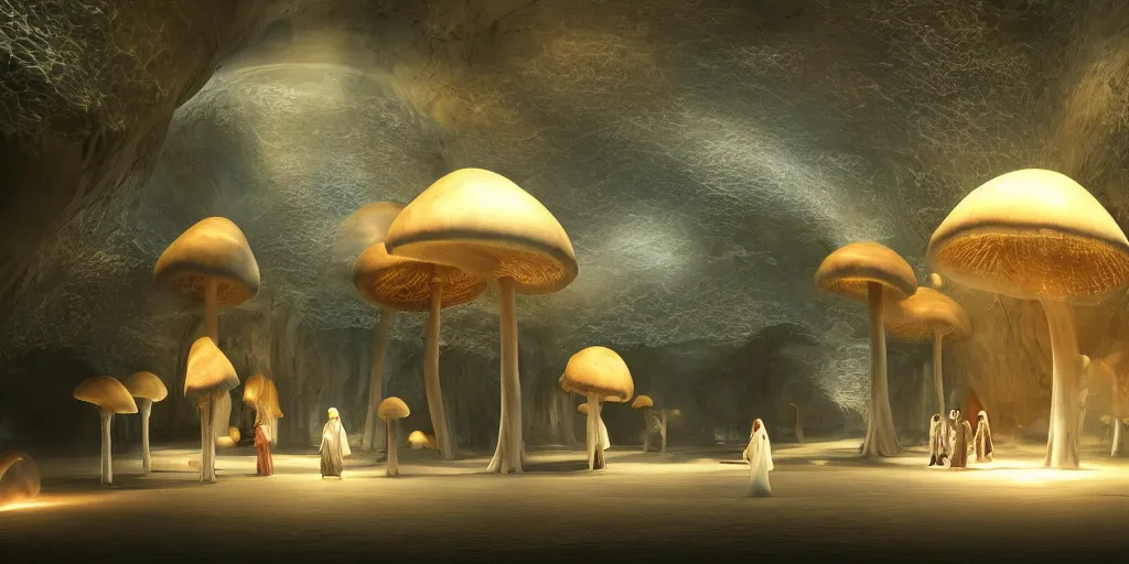 Image similar to Photorealistic exterior of a minimalist design mosque in giant glowing mushroom underworld dark cave, with domes and arches, people and androids wearing traditional japanese clothing. photorealism, UHD, amazing depth, glowing, golden ratio, 3D octane cycle unreal engine 5, volumetric lighting, cinematic lighting, cgstation artstation concept art