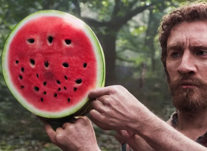 Image similar to film still of a man with a watermelon on his a head in the new horror movie, 4 k