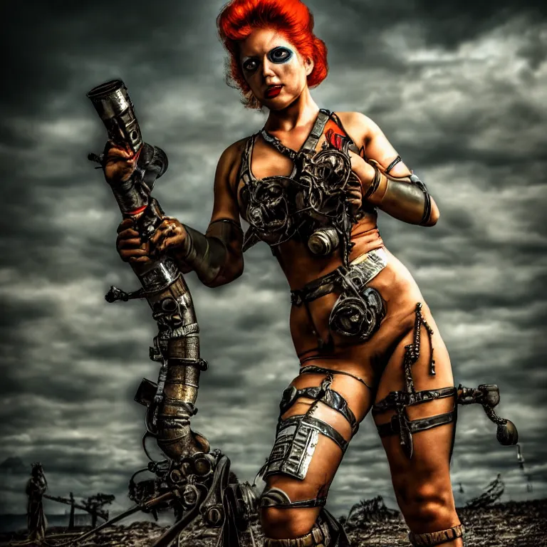 Image similar to full length photo of a very beautiful female atompunk warrior, 8 k, hdr, smooth, sharp focus, high resolution, award - winning photo