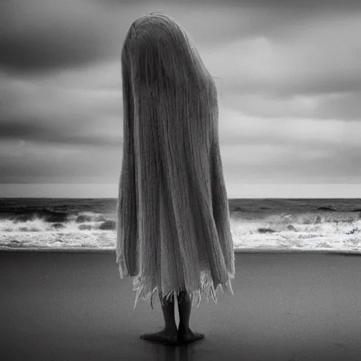 Image similar to glitch girl and very very tall monster wrapped in a blanket looks into the distance on the beach, in the rain, style of Hiroshi Sugimoto, atmospheric,