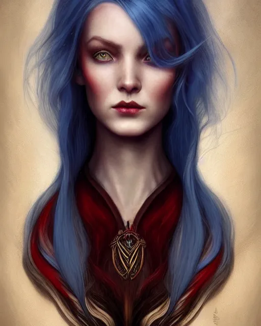 Prompt: a detailed matte oil on canvas head on symmetrical portrait of a distinguished elven woman with red blue hair by charlie bowater, lise deharme, wlop, trending on artstationhd, dungeons and dragons art critical role, half and half hair dye,! split hair dye!,! two tone hair! dye, dye hair
