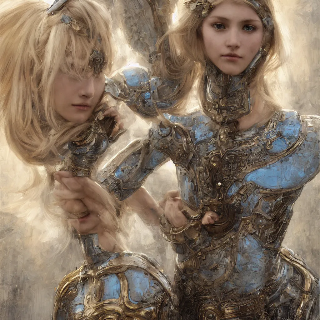 Image similar to armored beautiful pale platinum - blonde young woman with light blue eyes, soft gaze, a golden round halo around her head, wearing a fine decorated silver breastplate, painted by john william waterhouse : : 0. 5, epic fantasy, masterpiece, portrait, fine art, digital art, detailed, ultra - hd, cinematic, volumetric, intricate