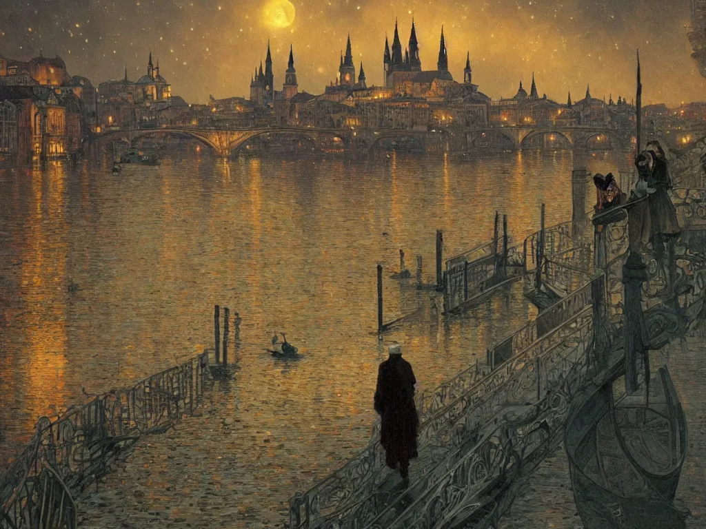 Prompt: a view from the river a city resembling prague, paris, and venice at night with a sky full of nebulas, intricate, elegant, highly detailed, digital painting, artstation, concept art, smooth, sharp focus, colored illustration for tattoo, art by l birge harrison and krenz cushart and artem demura and alphonse mucha,