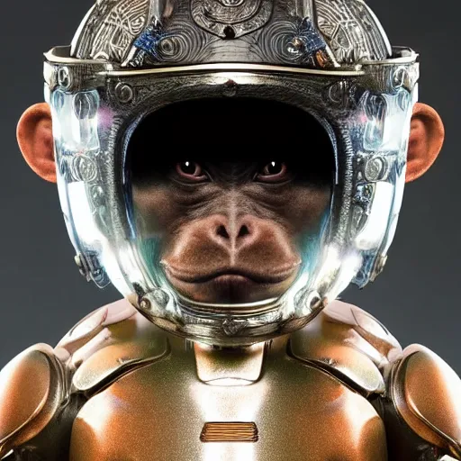 Prompt: centered medium shot fine studio photograph of a young monkey wearing only a solarpunk mecha Mayan helmet with bright lights, ultra-realistic, white background, 8k HDR, intricate