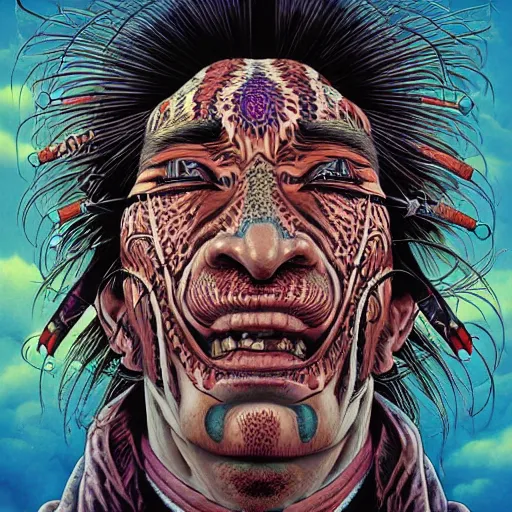 Image similar to portrait of crazy tribal man, symmetrical, by yoichi hatakenaka, masamune shirow, josan gonzales and dan mumford, ayami kojima, takato yamamoto, barclay shaw, karol bak, yukito kishiro