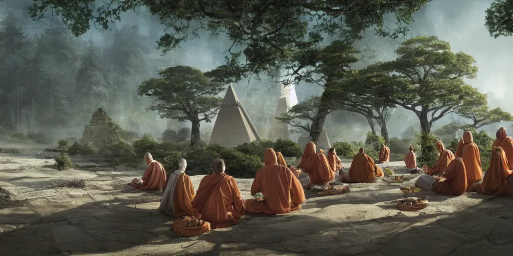 Prompt: a group of ancient sacred religious cult in robes studying in a bustling sci fi city with a large pyramid in its center built in a temperate forest with giant trees near a beach, highly detailed, intricate, digital painting, trending on artstation, concept art, matte painting, art by greg rutkwowski, craig mullins, octane render, 8 k, unreal engine