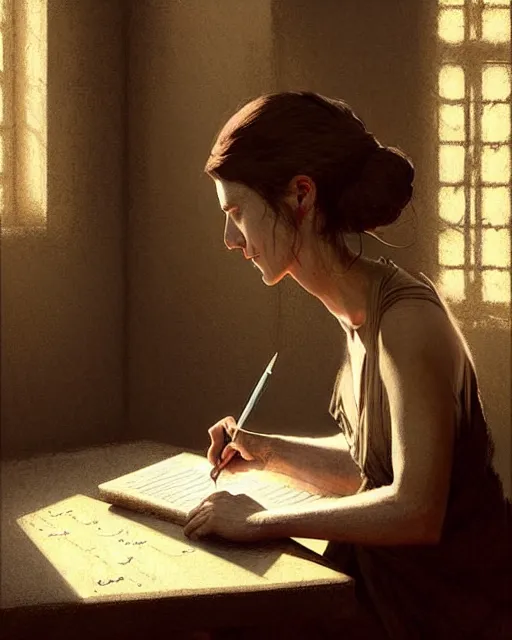 Image similar to old scribe writing a letter in a small dusty room | | realistic shaded, fine details, realistic shaded lighting poster by greg rutkowski, magali villeneuve, artgerm, jeremy lipkin and michael garmash and rob rey