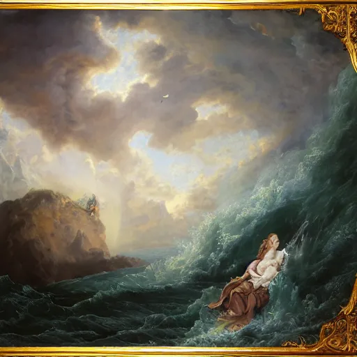 Prompt: A fantasy book style portrait painting of a dragon in a stormy sea, François Boucher, Oil Painting, unreal 5, DAZ, hyperrealistic, octane render, Regal, Refined, Detailed Digital Art, RPG portrait, William-Adolphe Bouguereau, Michael Cheval, Walt Disney (1937), Volumetric Golden dappled dynamic lighting, Highly Detailed, Cinematic Lighting, Unreal Engine, 8k, HD