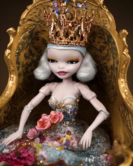 Image similar to highly detailed closeup, face profile portrait of a tin toy fairytale princess wearing a crown and sitting on a throne, bikini, depth of field, fashion photoshoot by nicoletta ceccoli, mark ryden, lostfish, dan decarlo, bob clampett, max fleischer, breathtaking, detailed and intricate environment, 8 k resolution, hyperrealistic, octane render