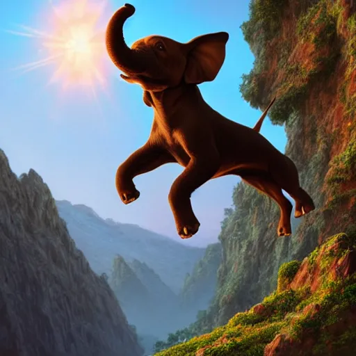 Prompt: a dog jumping from mountain, ( dog ) looks like elephant, intricate, epic lighting, cinematic composition, hyper realistic, 8 k resolution, unreal engine 5, by artgerm, tooth wu, dan mumford, beeple, wlop, rossdraws, james jean, marc simonetti, artstation