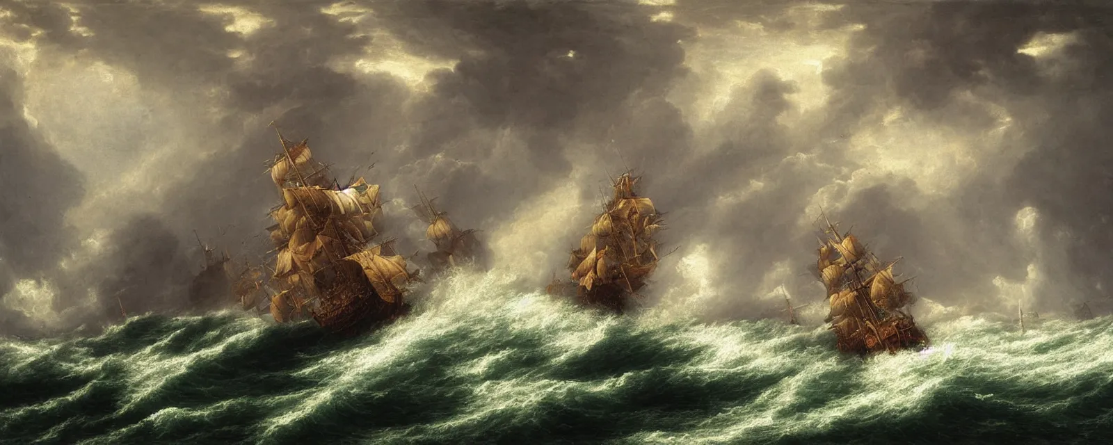Prompt: A beautifully strange photoillustration of thunder lightning and waves, Spanish Galleon Breaking the storm waves, by Benoit B. Mandelbrot, Gustave Dore, Martin Johnson Heade, Lee Madgwick, and Caspar David Friedrich, Sci-fi fantasy mystical ocean waves thunderstorm lightning, Spanish Galleon in the grip of the storm, realistic painting, classical painting, high definition, digital art, matte painting, very detailed, realistic, Unreal Engine, octane render, vray, 4k, super wide angle