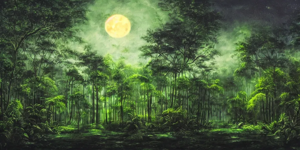 Prompt: a cityscape inside a dense jungle forest at night with the moon shining though the clouds, realistic painting, wide angle, long exposure