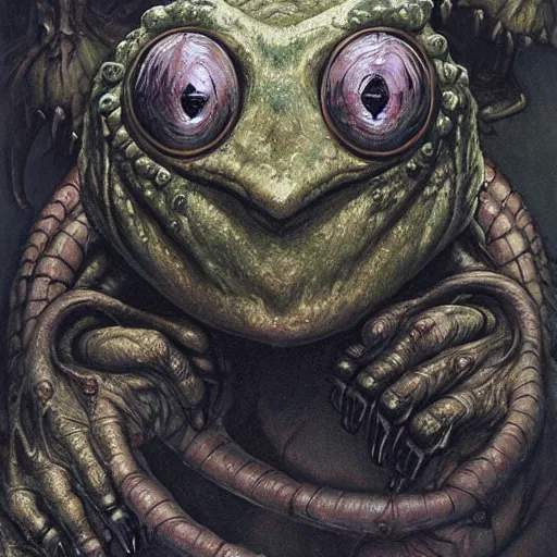 Image similar to head and shoulders portrait of a slaad anthropomorphic frog monster, d & d, fantasy, greg rutkowski, frank frazetta, alexandre chaudret, boris vallejo, michael whelan, miro petrov, hr giger, magali villeneuve, donato giancola