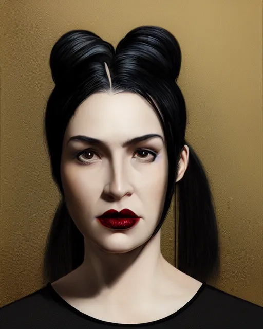 Prompt: portrait of a tall 4 0 - year - old woman with thin lips, long, lush black hair gathered on the head bun, and thick eyebrows, haughty facial expression, wearing in black clothes, aristocratic appearance, hyper realistic face, beautiful eyes, character art, art by mark brooks, hyperdetailed, cryengine, trending on artstation, digital art