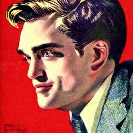 Image similar to “Robert Pattison portrait, color vintage magazine illustration 1950”