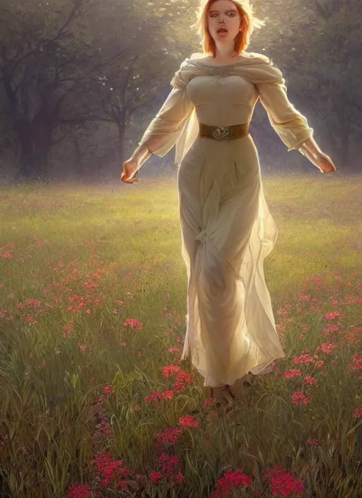 Image similar to Scarlett Johansson as a elf on a beutiful meadow, afternoon, art by Artgerm and Greg Rutkowski and Alphonse Mucha, DAZ, hyperrealistic, ambient light, dynamic light