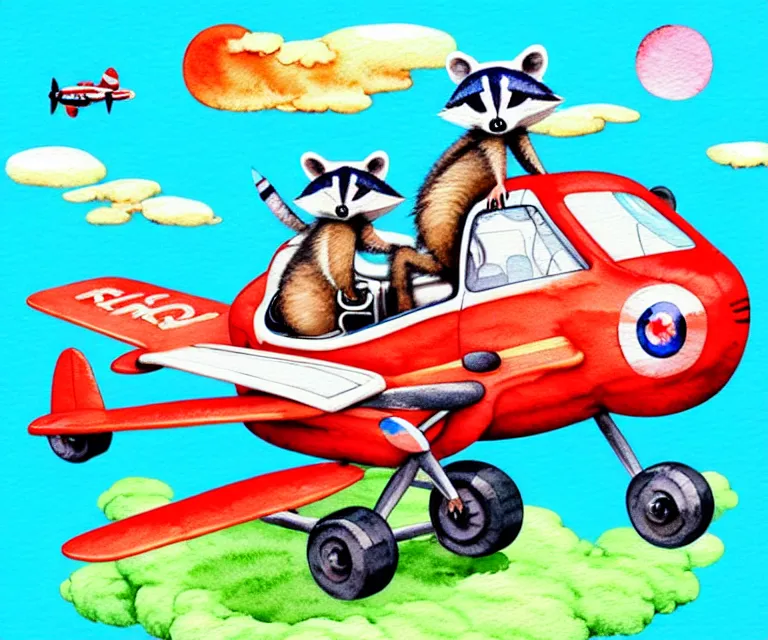 Image similar to cute and funny, racoon riding in a tiny airplane with oversized engines, ratfink style by ed roth, centered award winning watercolor pen illustration, isometric illustration by chihiro iwasaki, edited by range murata, tiny details by artgerm and watercolor girl, symmetrically isometrically centered