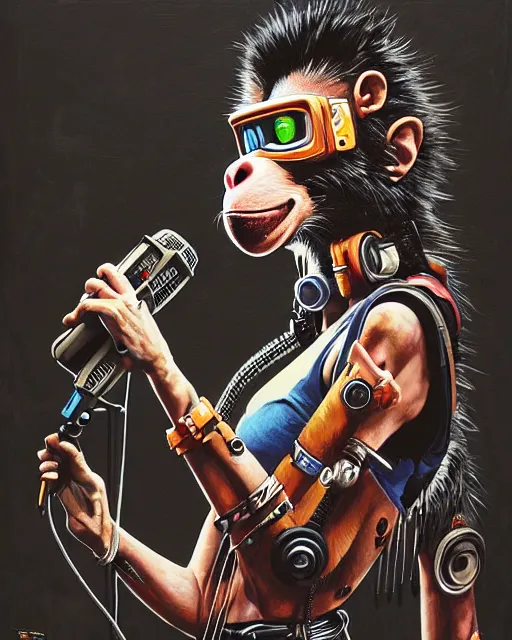 Image similar to a portrait of an anthropomorphic cyberpunk rockstar chimp singing into a microphone on a stand by sandra chevrier, by jon foster, detailed render, tape deck, epic composition, cybernetics, 4 k realistic, cryengine, realistic shaded lighting, sharp focus, masterpiece, by enki bilal