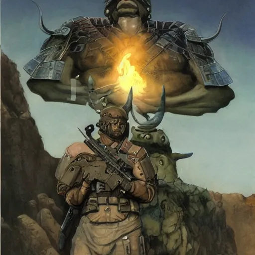 Image similar to a tactical soldier with his back to the viewer, looks up to see a giant woman with horns, by jon foster, gerald brom, and wayne barlowe