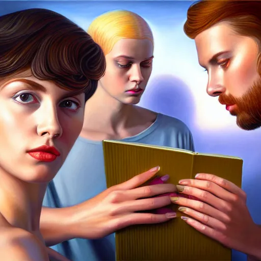 Prompt: hyperrealistic painting of a beautiful young woman holding a book while three men and a woman peep into the book from behind, detailed digital art, trending on artstation