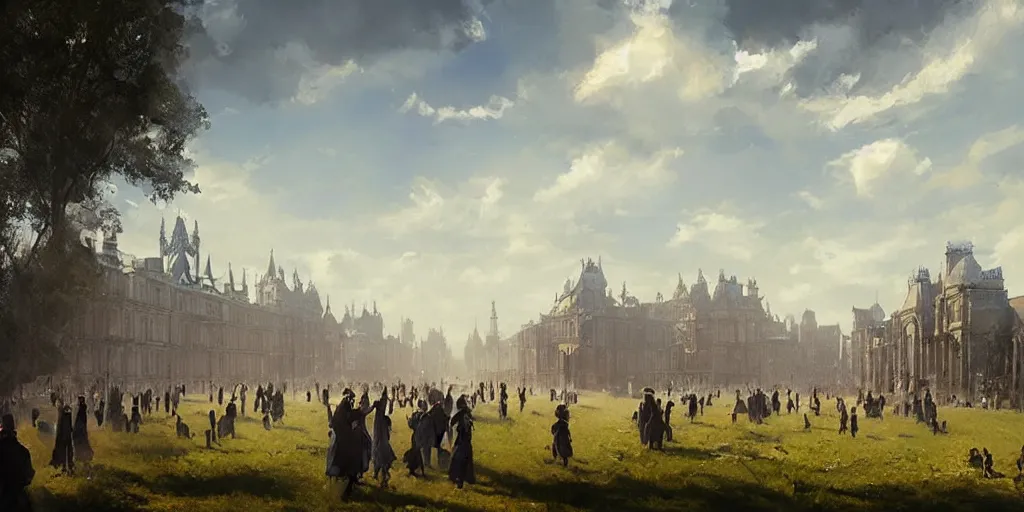 Prompt: portrait of a victorian parade ground, blue sky, volumetric, well lit, victorian, detailed, realistic, digital art by greg rutkowski and jordan grimmer