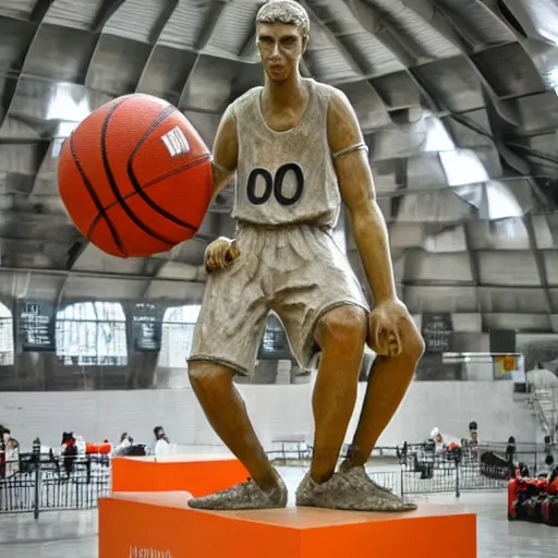 Image similar to A sculpture a a basketball player made pure recycle materials