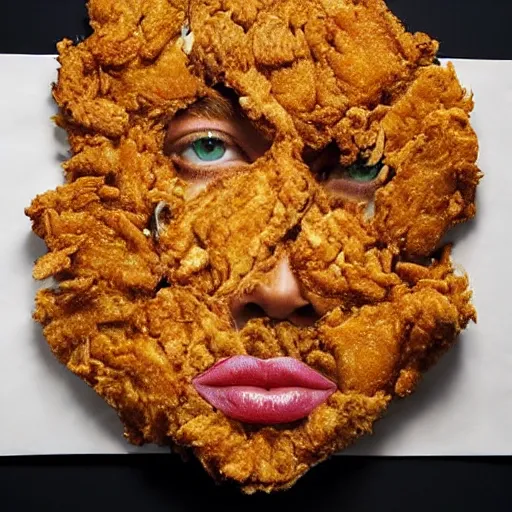 Image similar to a face made of fried chicken, fried chicken face looking like amanda seyfried