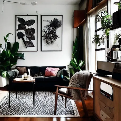 Prompt: living room interior design with style of japandi, ikea, warm wood, urban jungle plants, dark tile floor, art wall, music instruments, music records