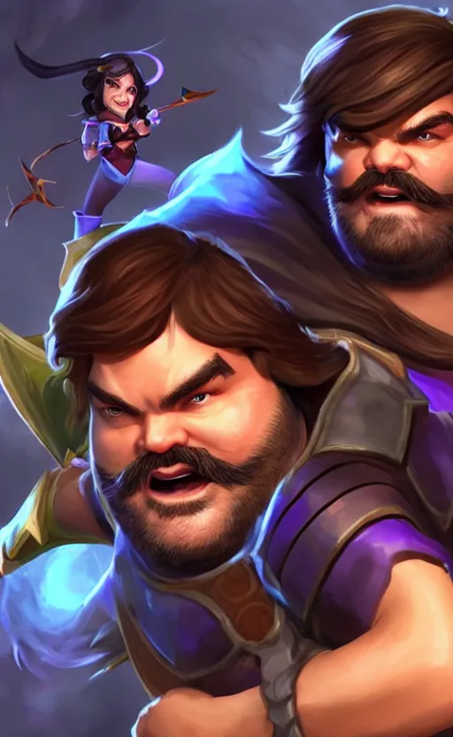 Image similar to Jack Black as a character in the game League of Legends, with a background based on the game League of Legends, detailed face, old 3d graphics