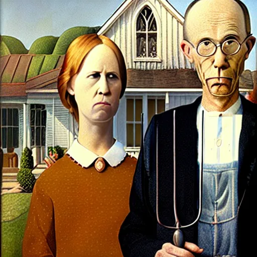Prompt: fat orange tabby cat next curly haired man, american gothic by grant wood