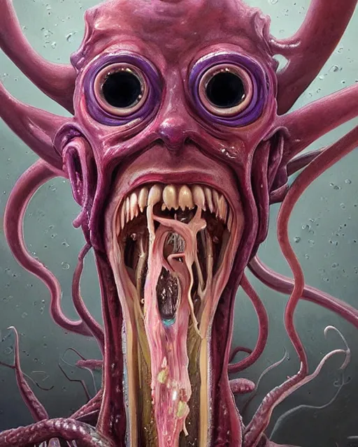 Image similar to Haunting horrifying detailed painting of a tall skinny extraterrestrial squid monster made of gelatinous fluid, floating teeth and purple eyeballs, hyper detailed, trending on Artstation