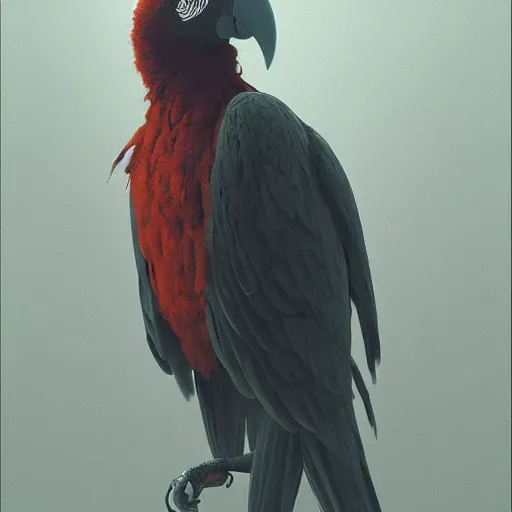 Image similar to creepy paranoid parrot, ethereal, extremely high detail, photorealistic, cinematic lighting, artstation, octane render, art by Zdzisław Beksiński